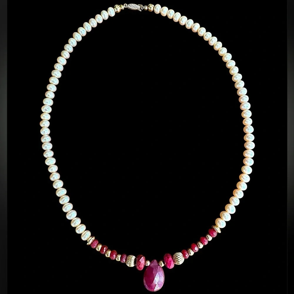 14k Gold Filled Lab Ruby Champagne Freshwater Pearl Necklace